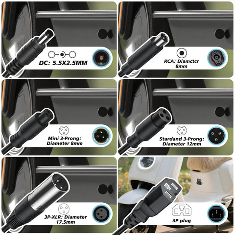 54.6V 2A Multi-Connector Ebike Charger For 48V Lithium Batteries With 7-In-One Interchangeable Plugs That Works With 48V Jetson Gotrax Hiboy And Other E Bikes