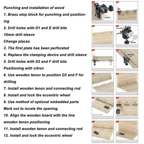 Heavy-Duty Doweling Jig Drill Kit With Adjustable Depth Locator And Three Pro Bits for wood drilling and positioning guide.