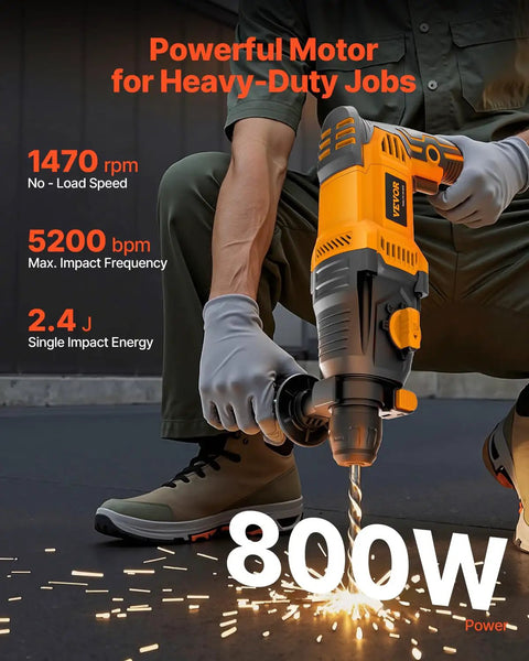 Man using 1 Inch SDS Plus Rotary Hammer Drill With 8 Amp Corded Power Beefy Heavy Duty Demolition Hammer for concrete drilling