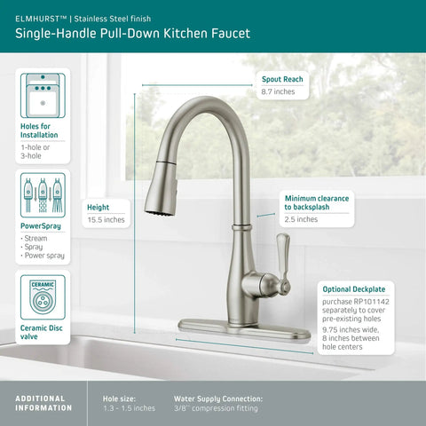 Elmhurst Pull Down Sprayer Kitchen Faucet In Brushed Nickel For Single Hole Install With Two Spray Options And Easy Deck Plate Compatibility Sold Separately, shown with measurements.