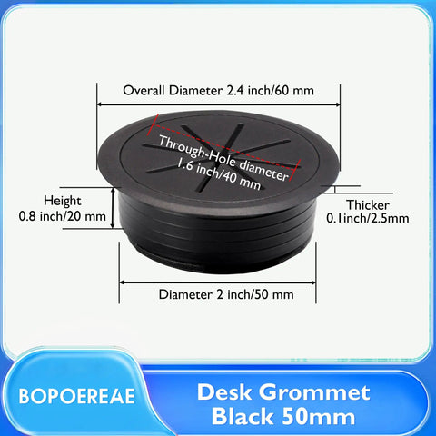 2 Pack 2 Inch Desk Grommets For Cable Management Black ABS Plastic Desk Hole Covers with measurements shown
