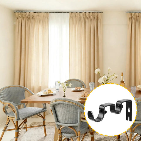 Double Curtain Rod Bracket Set, 6 Pack Metal Wall Mount Holders for 1 Inch Curtain Rods, Heavy Duty Black Brackets, shown in dining room.
