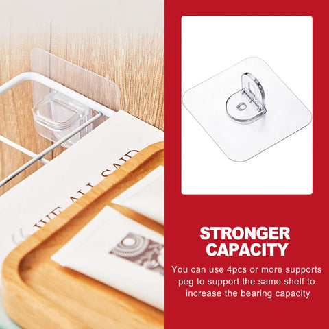 20 Pack Heavy Duty No Drill Adhesive Shelf Brackets Clear Waterproof Wall Mounts showcasing strong adhesive back and support peg.