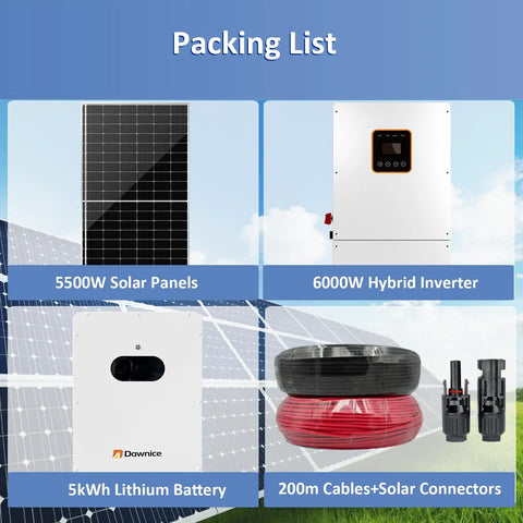 Heavy Hitter 5Kw Solar System Complete Kit with 5500W solar panels, 6000W inverter, 5kWh battery, and cables.