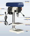 Kickass 8 Inch Benchtop Drill Press With Heavy Duty Cast Iron Head And 5 Variable Speed Settings Up To 3100 Rpm Plus Tilting Height Adjustable Work Table For Home Shop Projects with side view showing motor and base dimensions.