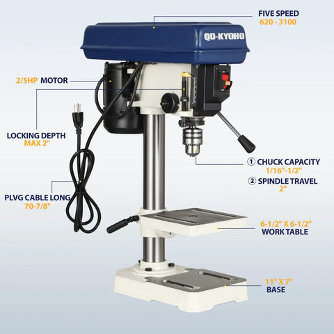 Kickass 8 Inch Benchtop Drill Press With Heavy Duty Cast Iron Head And 5 Variable Speed Settings Up To 3100 Rpm Plus Tilting Height Adjustable Work Table For Home Shop Projects with side view showing motor and base dimensions.