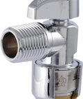 Half By Half Inch Brass Angle Stop Valve Featuring Quick Swap Push To Connect Design And Brushed Nickel Cap close-up view of valve and threaded connection.