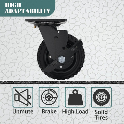 Badass Heavy Duty Caster Wheels Set features heavy-duty black caster wheel with solid tire, swivel brake, and high load capacity.