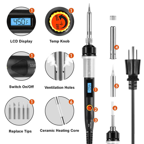 80W Soldering Iron Kit With Digital LCD Display, Temperature Adjustable From 392 To 842 Degrees Fahrenheit shown with parts