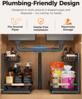 Height Adjustable Two Tier Under Sink Organizer Heavy Duty Storage Rack For Kitchen And Bathroom Cabinets fits around plumbing pipes.