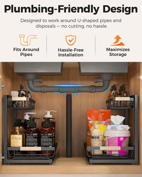 Height Adjustable Two Tier Under Sink Organizer Heavy Duty Storage Rack For Kitchen And Bathroom Cabinets fits around plumbing pipes.