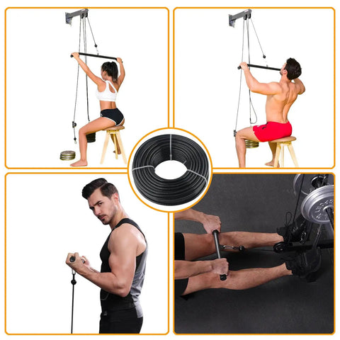 Heavy Duty TPU Coated Gym Replacement Cable 98.4 Ft for Pulley Machines, shown with users exercising at home.