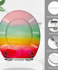 Round Resin Toilet Seat for Bathroom with colorful gradient design, measuring 14.5" x 16.5", featuring stainless steel hinges.