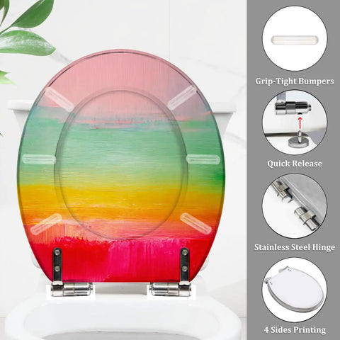 Round Resin Toilet Seat for Bathroom with colorful gradient design, measuring 14.5" x 16.5", featuring stainless steel hinges.
