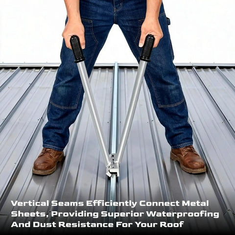 Person using Two-In-One Hand Seamer For Standing Seam Roofing And Siding on metal roof, silver tool forming vertical seam