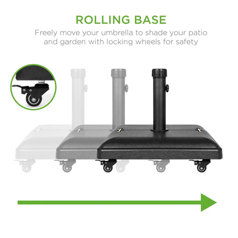 81 Pound Heavy Duty Concrete Rolling Umbrella Base With Locking Wheels And Collapsible Handles For Patio Garden Deck Outdoor Use Square Shape One Size Fits Most Umbrellas Stable Wind Resistant Base, showing rolling mechanism and wheels