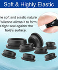 Close-up of 130 pcs rubber hole plugs set in 11 sizes silicone round plugs for sealing holes, emphasizing elasticity.