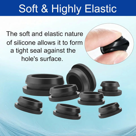 Close-up of 130 pcs rubber hole plugs set in 11 sizes silicone round plugs for sealing holes, emphasizing elasticity.