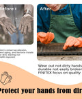 Orange nitrile disposable gloves, 3.5mil, medium, powder-free; collage showing dirty hands before and gloved hands after.