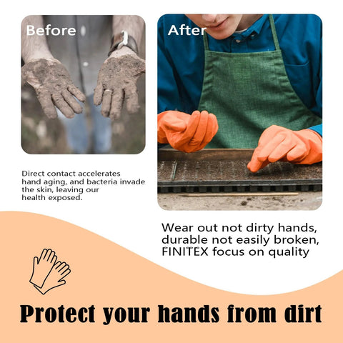 Orange nitrile disposable gloves, 3.5mil, medium, powder-free; collage showing dirty hands before and gloved hands after.