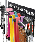 Built Like A Tank Wall Mounted Workout Gear Organizer Rack With Eight Heavy Duty Hooks For Hanging Resistance Bands and Belts.