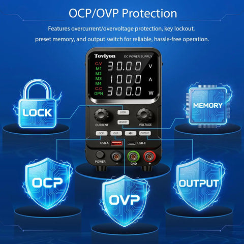 30V 10A Bench Power Supply With Encoder Knob Four Memory Presets OCP OVP Protection display and features infographic