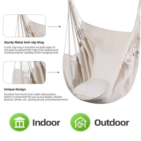 Boho Macrame Hammock Chair Hanging Rope Ceiling Swing For Indoor And Outdoor Use, Cozy Beige Seat with Side Pocket