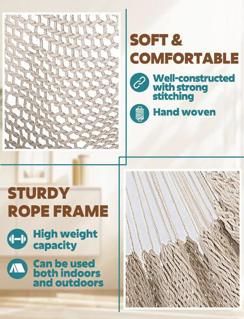 Cotton Rope Hammock Chair With Macrame Swings, Handmade Hanging Seat showing soft-spun cotton weave and sturdy rope frame.