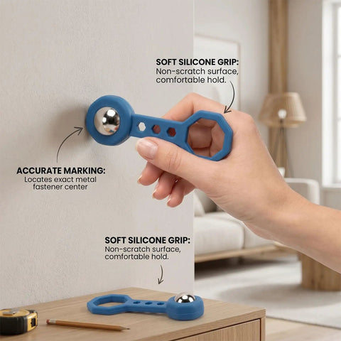 Glomora 2 Pcs Magnetic Stud Finder Handheld Portable Wall Stud Finder Metal Detector for Hanging Frame Mirror TV (Blue) in use with a soft grip.