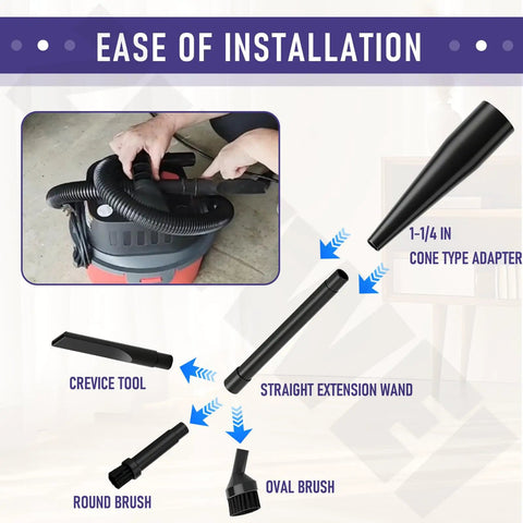 Diagram showing One And A Quarter Inch Micro Cleaning Wet Dry Vac Nozzle Kit With Cone Adapter And Six Attachments for easy installation