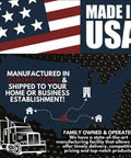 Map highlighting Central Texas with shipping routes and Made in USA text, family owned and operated statement with truck icon.