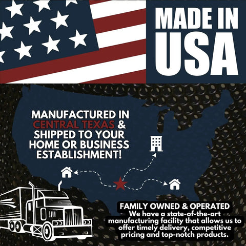Map highlighting Central Texas with shipping routes and Made in USA text, family owned and operated statement with truck icon.