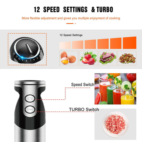 Titanium-Reinforced 3-In-1 Immersion Hand Blender With Copper Motor, 1000W Peak Power, showing 12-speed and turbo settings