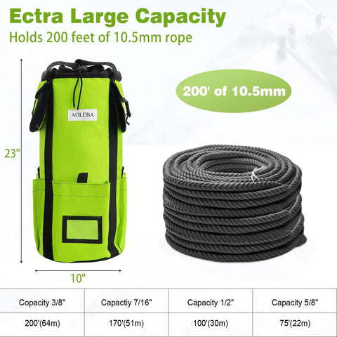 Rope Storage Backpack For Outdoor Climbing Gear And Arborist Rope Organizer 1680D Thick Nylon with side pockets, neon green.