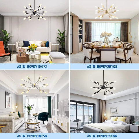 Huge 18 Light Black Sputnik Chandelier Mid Century Modern Pendant Lighting Industrial Vintage Starburst Ceiling Light Dining Room Living Room Modern Home Decor installed in various rooms