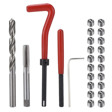Thread Repair Kit M8x1 25mm Complete Set With Drill Bit, 20 Inserts, Hex Wrench, And Extra Pro Grade Tools For Quick And Easy Thread Repairs In Metal, Plastic, And Aluminum Surfaces. Complete repair kit with drill bit, tap, handles, hex key, and 20 inserts