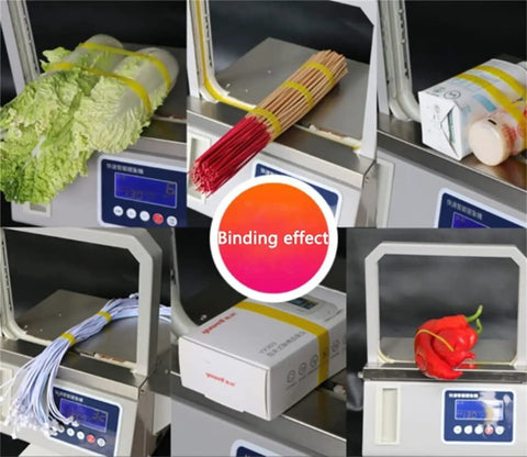 Automatic Omnidirectional Sausage Strapping Machine For Supermarket Vegetables And Food bundling various groceries efficiently.