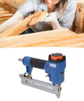 Heavy Duty Pneumatic Stapler With 100 Nail Capacity Ergonomic Soft Grip Air Powered Finish Nailer close-up on woodwork.