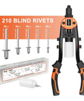 Heavy Duty 14 Inch Two-Handed Pop Rivet Gun Kit With 210 Rivets And Five Nosepieces displayed with packaged rivets.