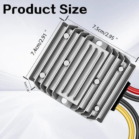 Tough As Nails DC Step Down Voltage Converter 48V To 12V 20A 240W Regulator shown with dimensions and aluminum housing design.