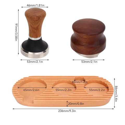 Top Shelf Espresso Tamper And Coffee Distributor Station Kit featuring Natural Wood Handle and Anti Slip Base 53Mm portafilter tool.