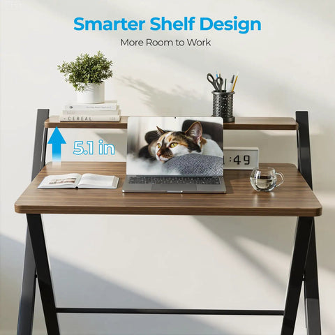 No Assembly Folding Desk With Two Tier Shelf For Home Office Dorm Or Apartment Go To Workstation Space Saving Portable Laptop And Computer Desk Quick Setup Collapsible Table Espresso Finish with décor, closed laptop, and mug