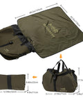 Wader Bag Foldable With Changing Mat And Shoulder Strap For Fishing Travel And Hunting Waterproof Leak Proof Interior With PVC Coating Rugged 600D Ripstop Build And Mesh Boot Storage Built To Last shown opened and folded.