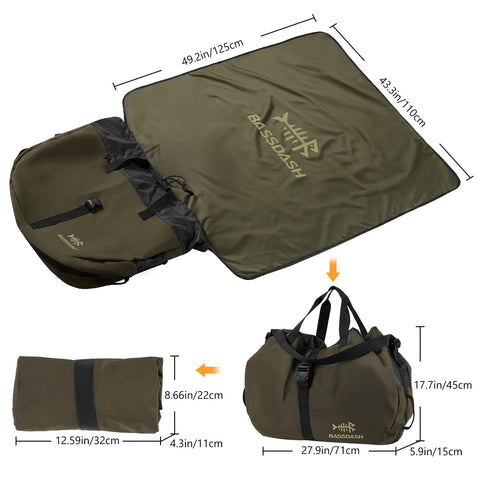 Wader Bag Foldable With Changing Mat And Shoulder Strap For Fishing Travel And Hunting Waterproof Leak Proof Interior With PVC Coating Rugged 600D Ripstop Build And Mesh Boot Storage Built To Last shown opened and folded.