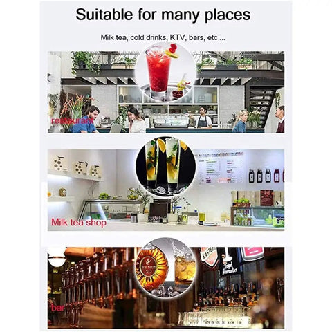 Smooth Operator Countertop Ice Maker Churns Out Twenty Five Kilograms Of Bullet Ice Daily In Just Twelve Minutes With Hassle Free Touch Controls shown in restaurants, milk tea shops, and bars.