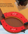 Pro Level Aluminum Round Corner Radius Template Set R100 To R300 showing R100 arc template, red aluminum body for woodworking.