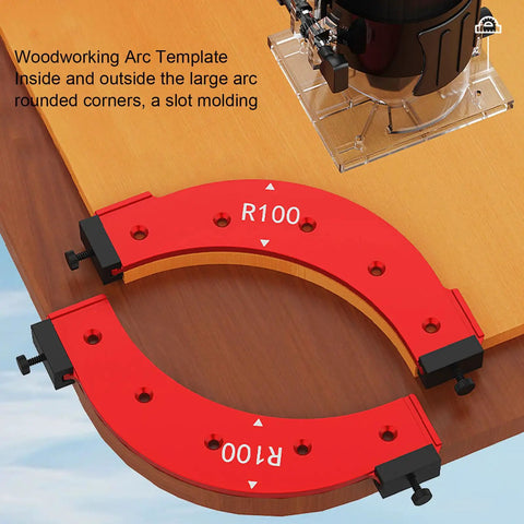 Top Shelf Round Corner Radius Template Set Built Tough With Heavy Grade Aluminum Alloy For Flawless Router Jig Alignment And Effortless Cabinet Edge Profiling In Any Woodworking Project showing red arc templates for rounded corners.