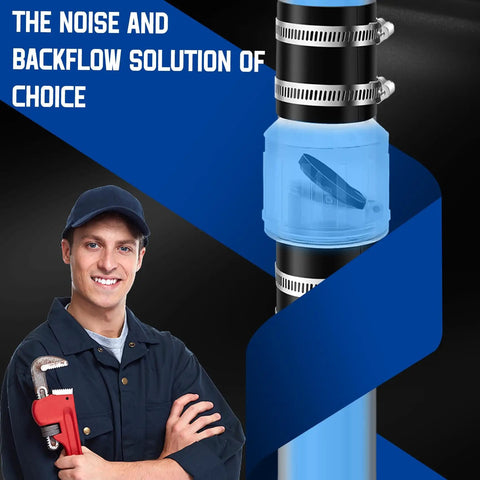 Whisper Quiet Sump Pump Check Valve With Spring Loaded Flapper For Backflow Prevention Reducing Water Hammer Noise Includes Steel Clamps Fits One And A Half Inch Pipe shown with smiling technician holding wrench.