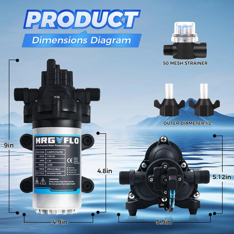 Dimensions diagram of Heavy Duty 110V Ac Diaphragm Water Pressure Pump With 4.0 Gpm Flow And 50 Psi.