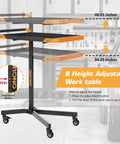 Adjustable Height Mobile Work Table With Rolling Tool Cart And Drills Storage, Heavy Duty Metal Mechanic Workbench On Wheels For Garage, Workshop, And Bike Repair, Orange And Black, showing height adjustment mechanism and dimensions